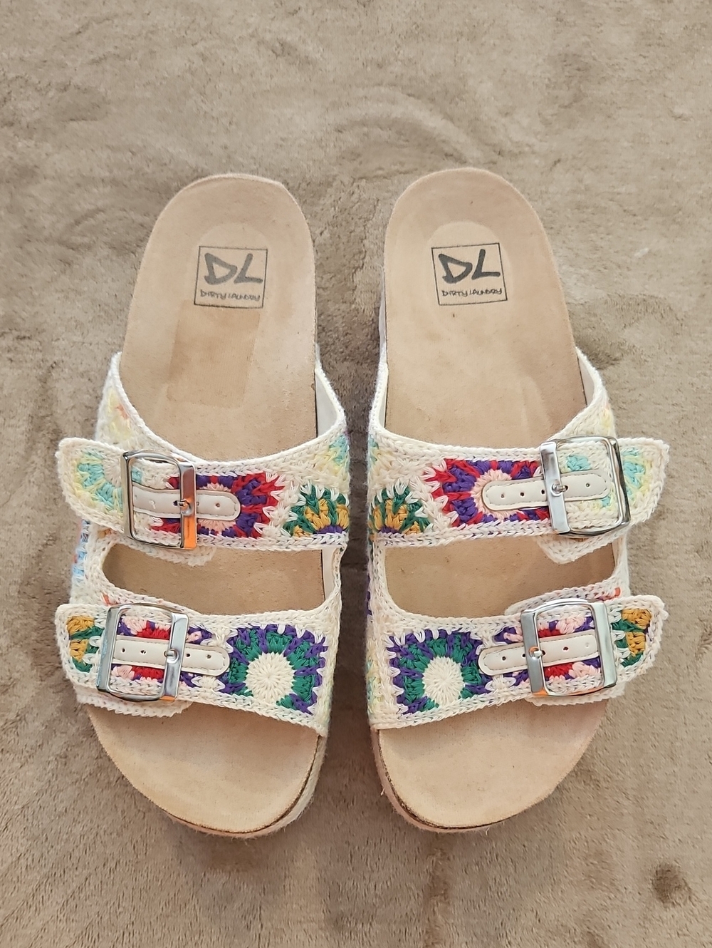 Dirty Laundry Crochet Strap Sandals in Cream with Multicolor Accents